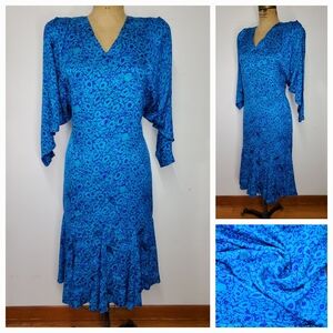 Silk Studio Size 10 Dress Vintage 80s Shoulder Pads Batwing Mermaid Blue Purple